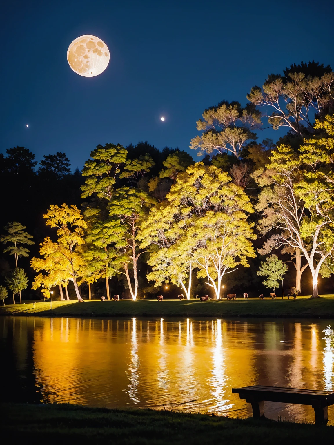 There are benches on the lawn near the lake and a huge tree, Cows grazing near a tree, The moon reflects on the water, full Moon in the background, full Moon in the background, big Moon in the background, big Moon in the background!, (Moon in the background), Moon reflected on the surface of the water, Moon in the background, A perfect and clear moon, Moon in the background