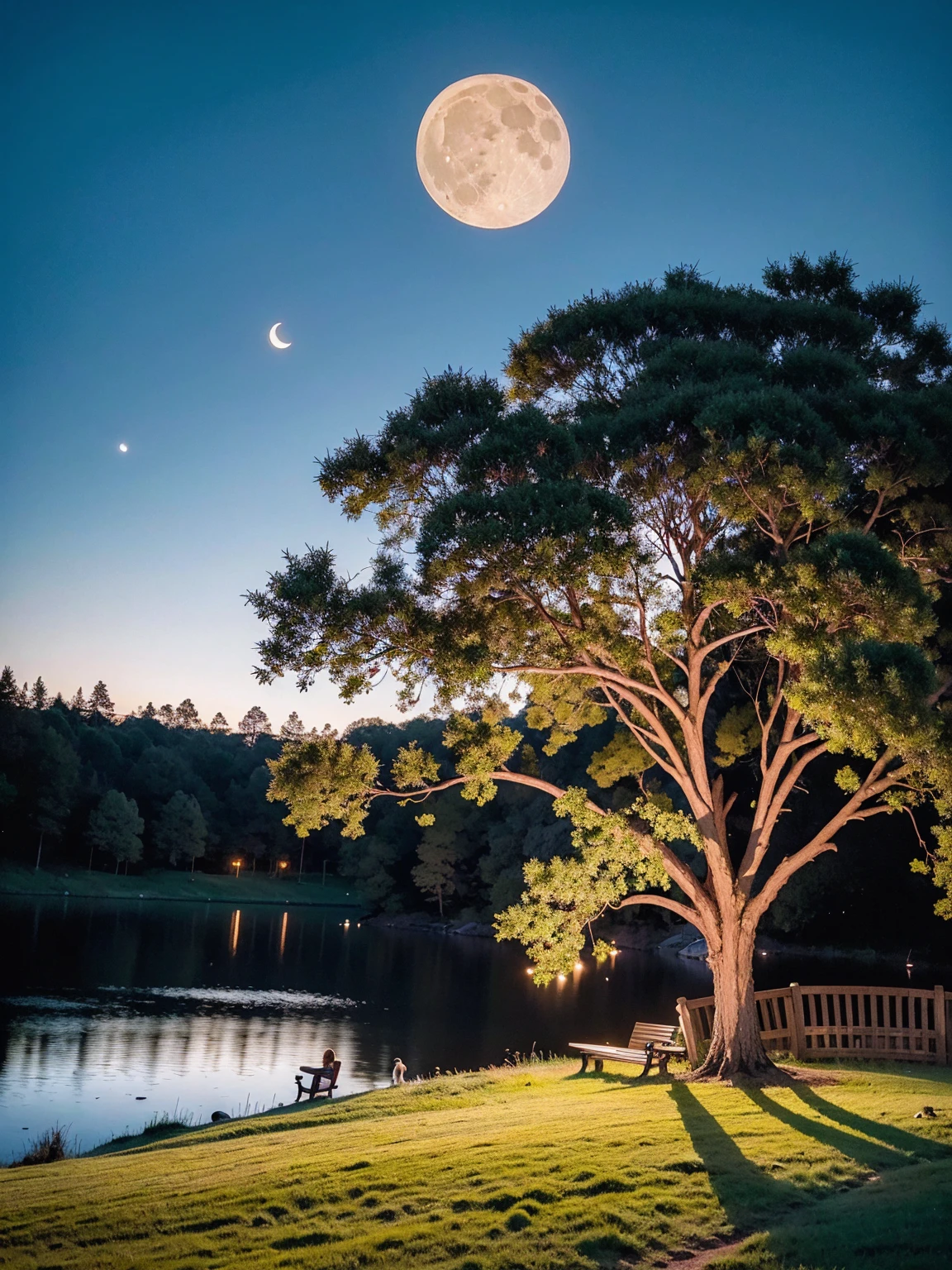 There are benches on the lawn near the lake and a huge tree, Cows grazing near a tree, The moon reflects on the water, full Moon in the background, full Moon in the background, big Moon in the background, big Moon in the background!, (Moon in the background), Moon reflected on the surface of the water, Moon in the background, A perfect and clear moon, Moon in the background