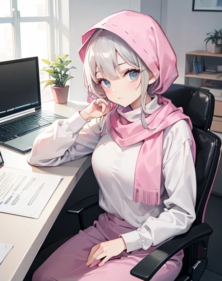 there is a young Malay woman with pastel pink hijab and a light grey turtleneck shirt. Sitting. at office desktop.