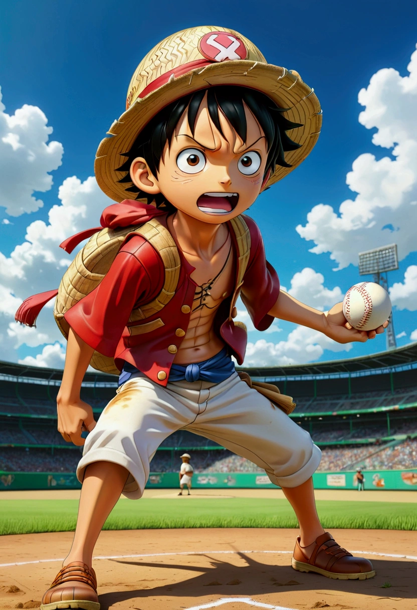 Japanese Anime《One Piece》Luffy as a baseball pitcher, One wears a straw hat、black hair、Little boy with a determined expression，Pitching on a baseball field，Anime style、Dynamic action poses、Vibrant colors、High Detail、8K、Clear focus、3D Rendering、dynamic motion blur、Dramatic shadows、Atmospheric background、Blue sky and white clouds、Lush green grass field、Stadium in the background、Composition