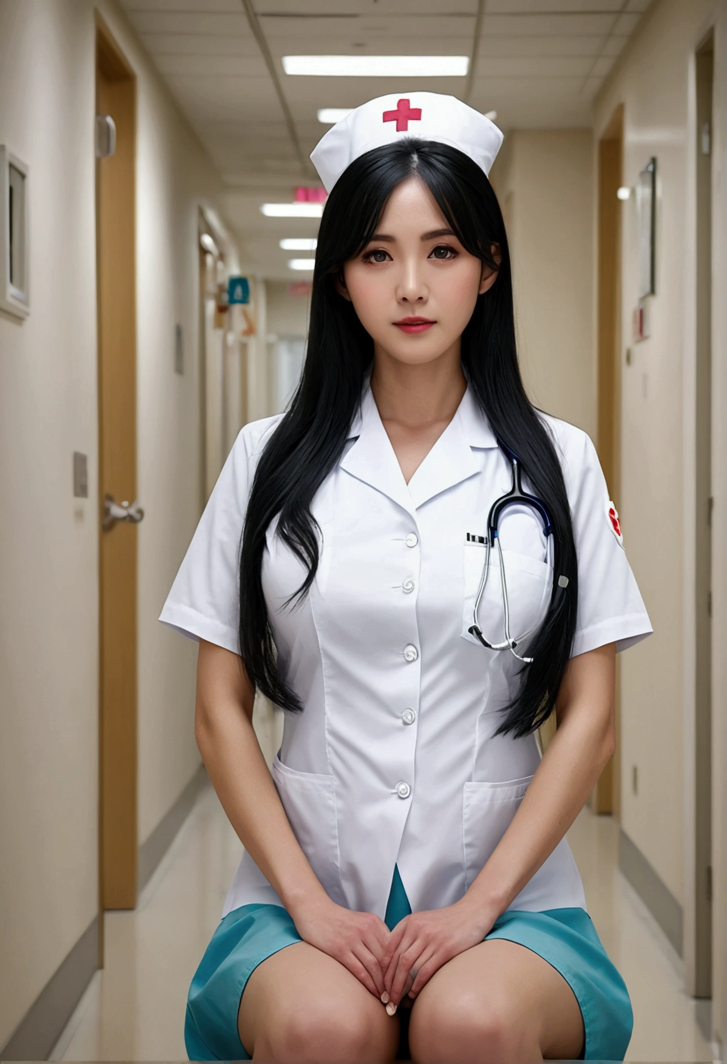 ( (8K:1.27)、top quality、masterpiece、Super high resolution:1.2)、Crouch down、I can almost see the chest、white nurse uniform、black hair、long straight hair、huge breasts、at the hospital、ward