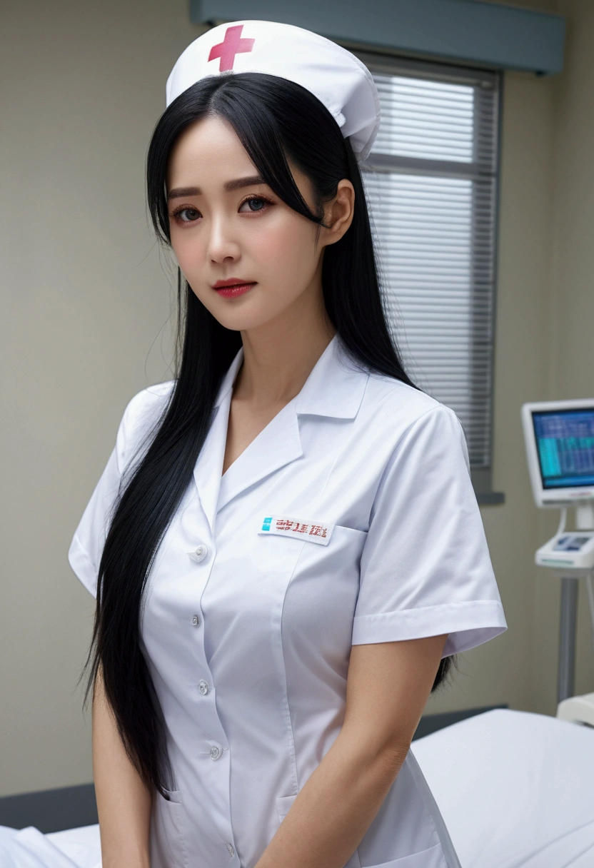 ( (8K:1.27)、top quality、masterpiece、Super high resolution:1.2)、Crouch down、I can almost see the chest、white nurse uniform、black hair、long straight hair、huge breasts、at the hospital、ward