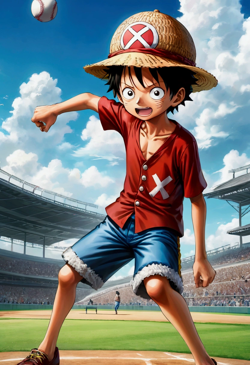Japanese Anime《One Piece》Luffy as a baseball pitcher, One wears a straw hat、black hair、 with a determined expression,Pitching on a baseball field,Anime style、Dynamic action poses、Vibrant colors、High Detail、8K、Clear focus、3D Rendering、dynamic motion blur、Dramatic shadows、Atmospheric background、Blue sky and white clouds、Lush green grass field、Stadium in the background、Composition