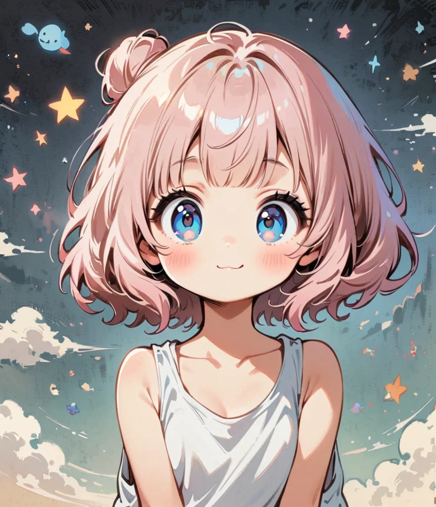 Put on a hoodie、big Smile、smiling、pale pink hair、Short hair with a bun、Cartoon style character design，1 Girl, alone，Big eyes，Cute expression，Tank top、interesting，interesting，Clean Lines