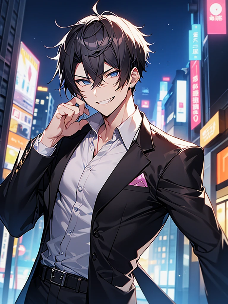 Portrait Shot。Have a professional camera:1.3、Villain、modern、Downtown at night、He has a bad appearance、Lean and muscular、Short cropped hair、A mean smile、White shirt、