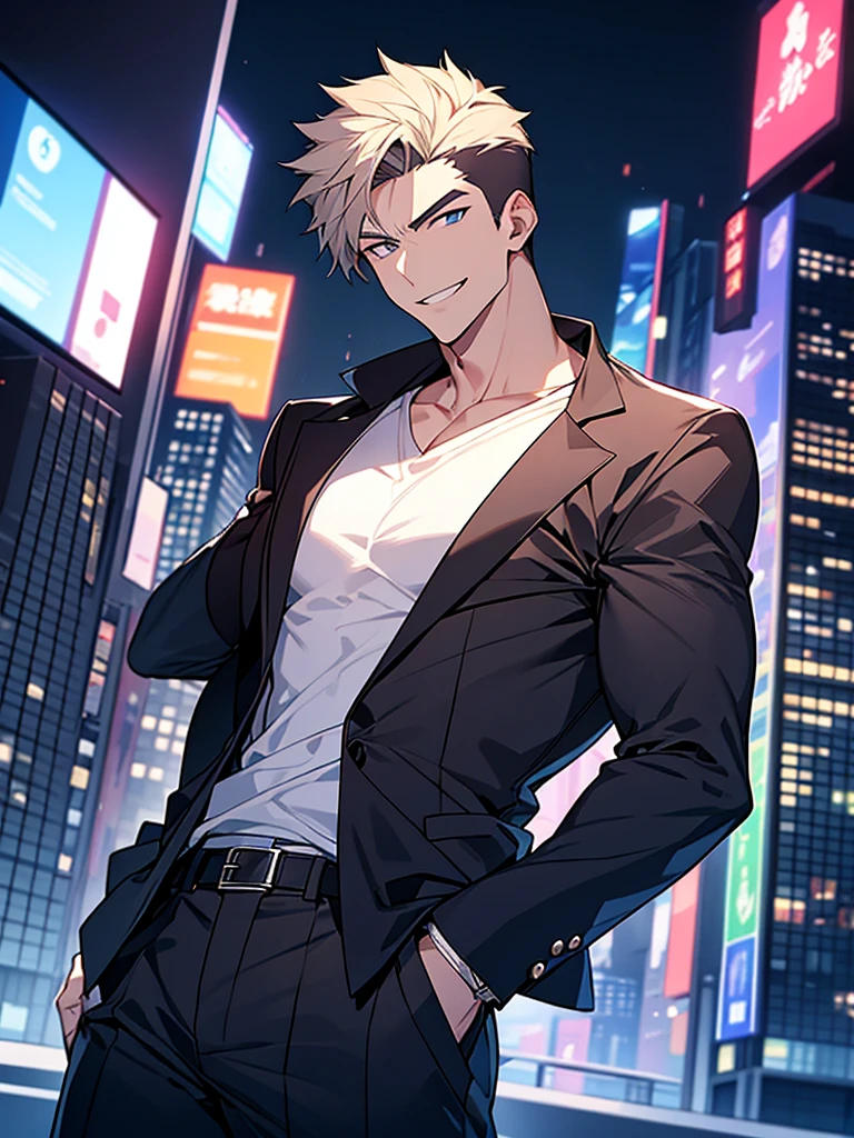 Portrait Shot。Have a professional camera:1.3、Villain、modern、Downtown at night、He has a bad appearance、Lean and muscular、Short cropped hair、A mean smile、White shirt、