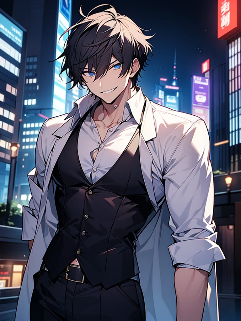 Portrait Shot。Have a professional camera:1.3、Villain、modern、Downtown at night、He has a bad appearance、Lean and muscular、Short cropped hair、A mean smile、White shirt、