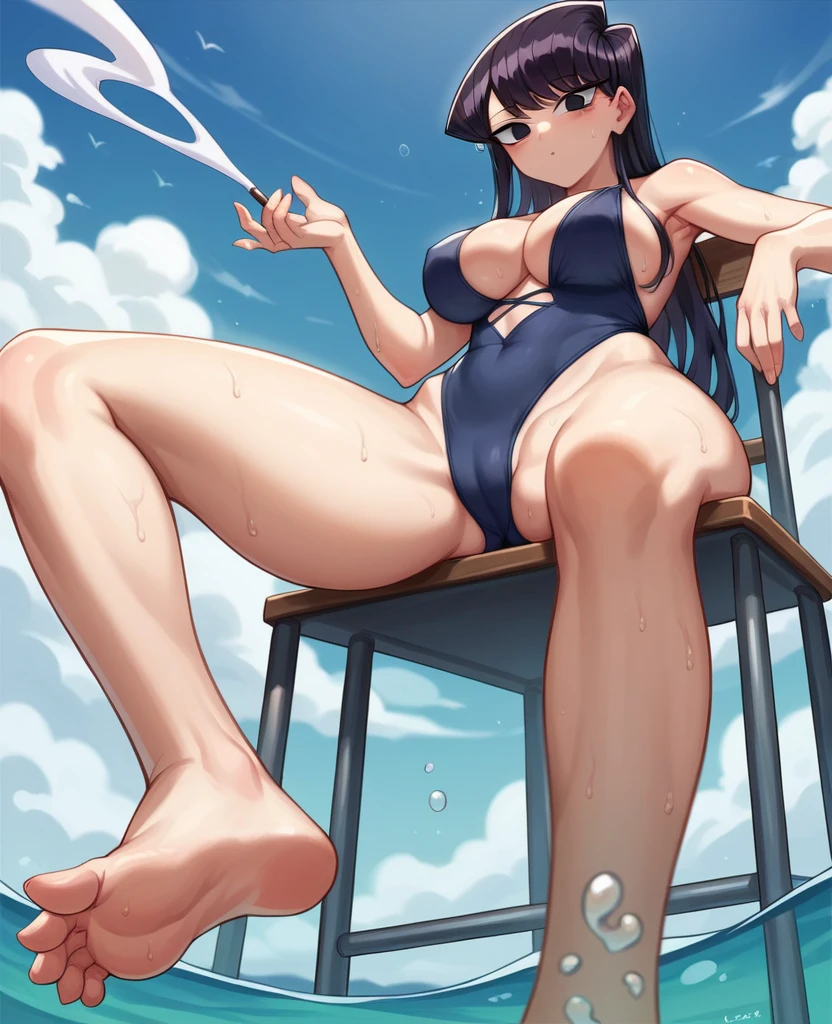 artwork, high quality, a woman, beautiful, (Komi Shouko) long black hair, black eyes, big chest, Swimsuit, black panties, sitting on a chair, whole body, bare legs, barefoot, feet in front, humenando, View from below, barefoot, blowing smoke, and sweat, sole of the feet, five toes each foot, View from below, the sea and sand in the background 