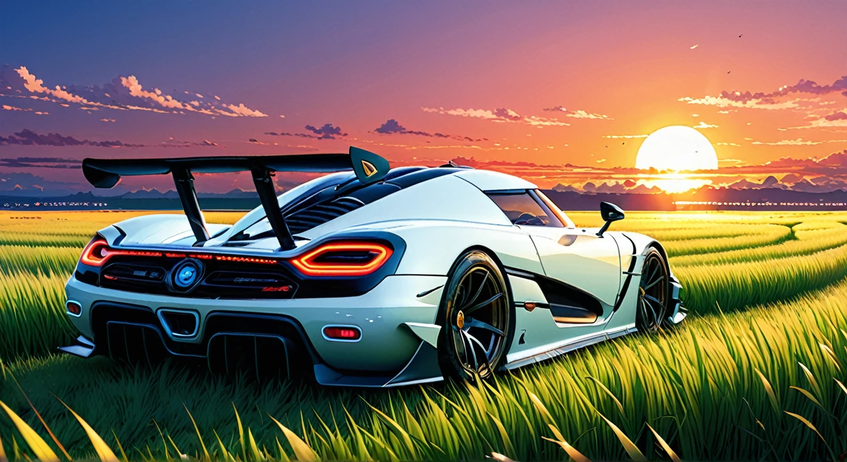 anime landscape of A pearl super Polar white color Koenigsegg jesko absolute sits in a field of tall grass with a sunset in the background.beautiful anime scene, beautiful anime peace scene, Makoto Shinkai Cyril Rolando, beautiful anime scene, amazing wallpaper, anime art wallpaper 8k, anime background, artistic anime background, anime wallpaper 4k, anime art 4k wallpaper, anime wallpaper art 4k.