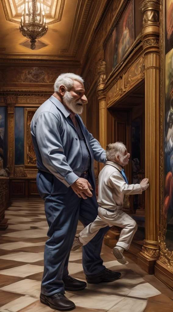 Museum, large, large hall with many framed photos. The old man falls to the hall floor under the painting.
The girl from the picture looks at the old man and offers him (literally) her hand from the picture to motion him to stand up