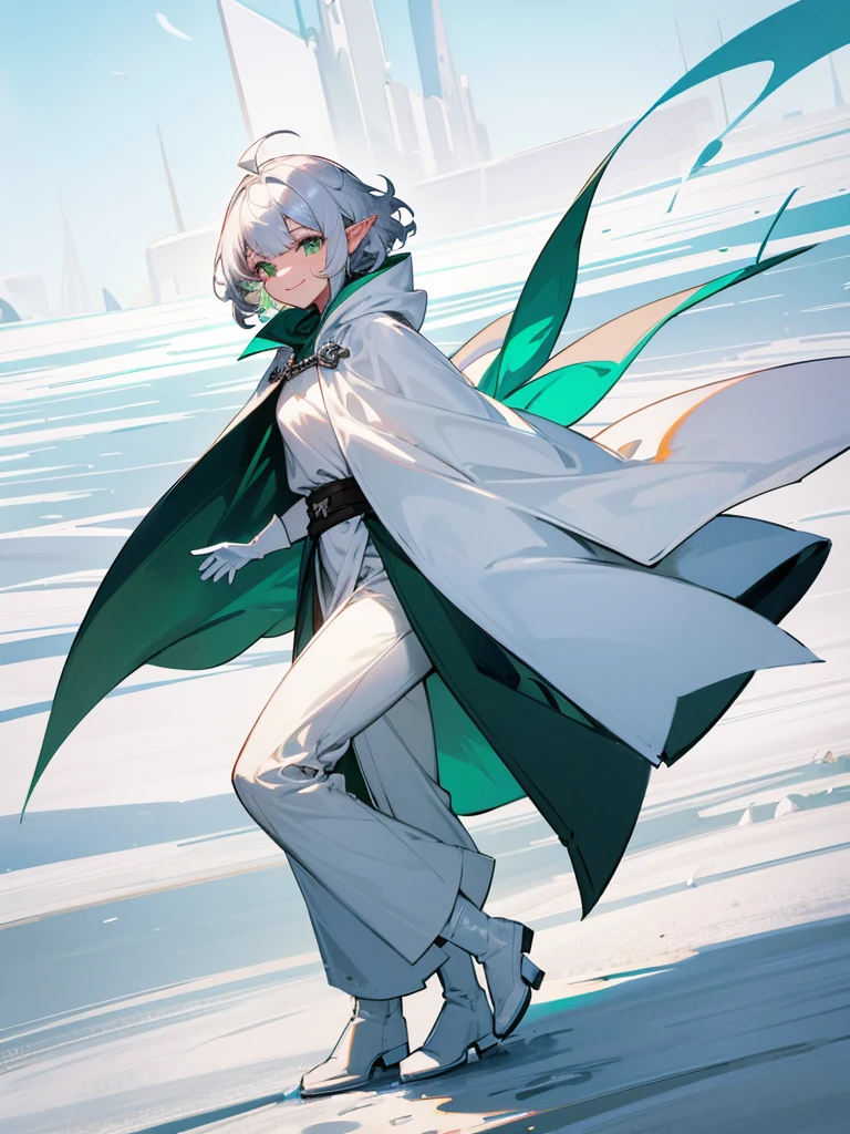 Elf, silver hair,short hair, medium cut, ahoge, curly hair,green eyes,slender, fair skin, cool Smile, robe, cloak, White gloves, long boots, pants, on the salt flat