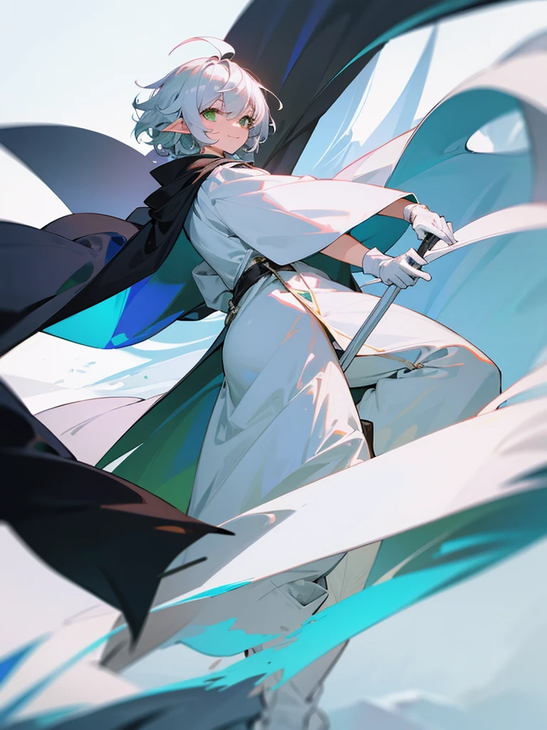 Elf, silver hair,short hair, medium cut, ahoge, curly hair,green eyes,slender, fair skin, cool Smile, robe, cloak, White gloves, long boots, pants, on the salt flat