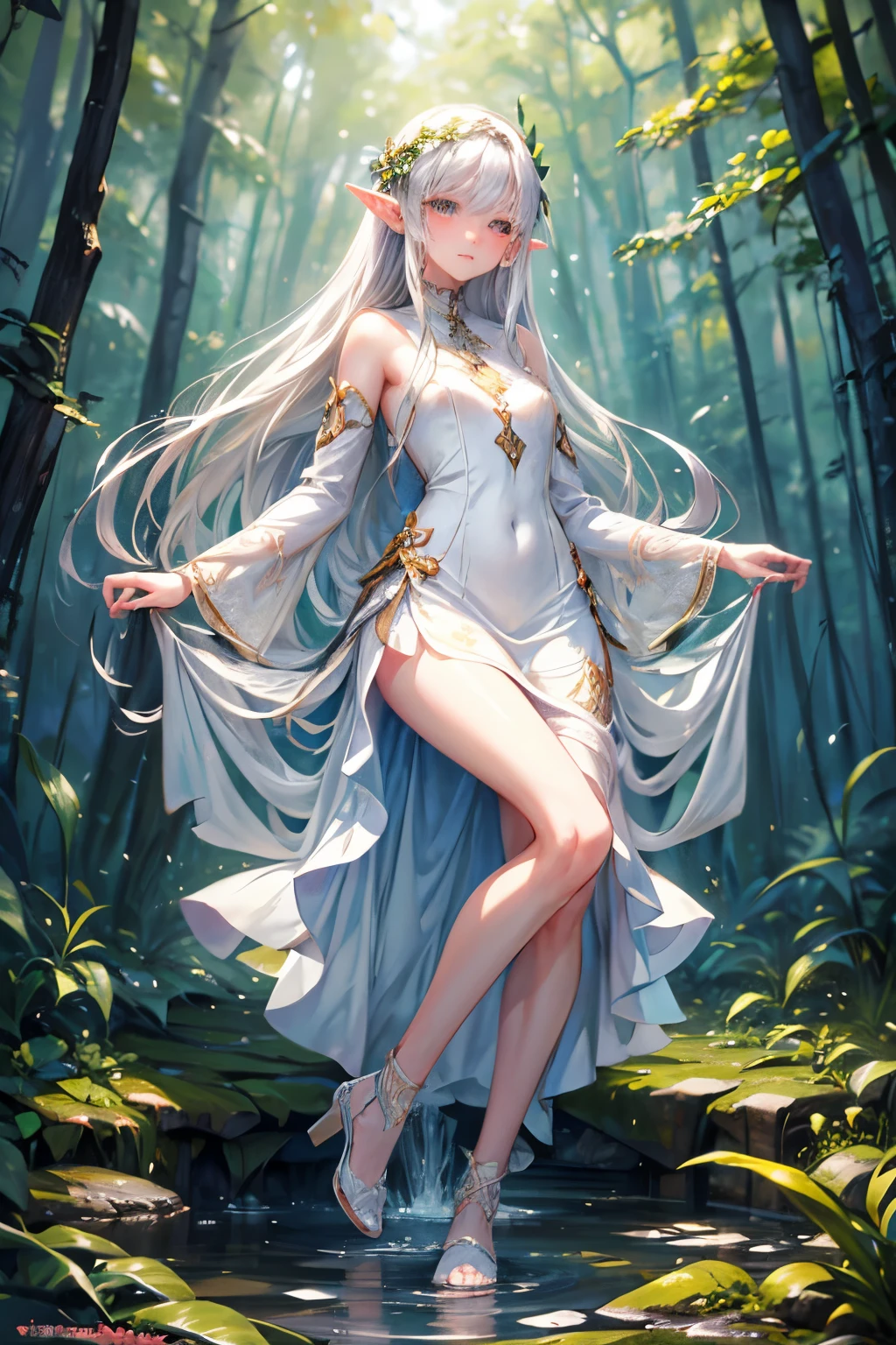 masterpiece,Highest quality,Very detailed,Elf Beautiful Girl,Beautiful white dress, teenager,Long straight silver hair,Beautiful and detailed eyes,skinny,Small breasts, full body,Dynamic,Forest Lakeside