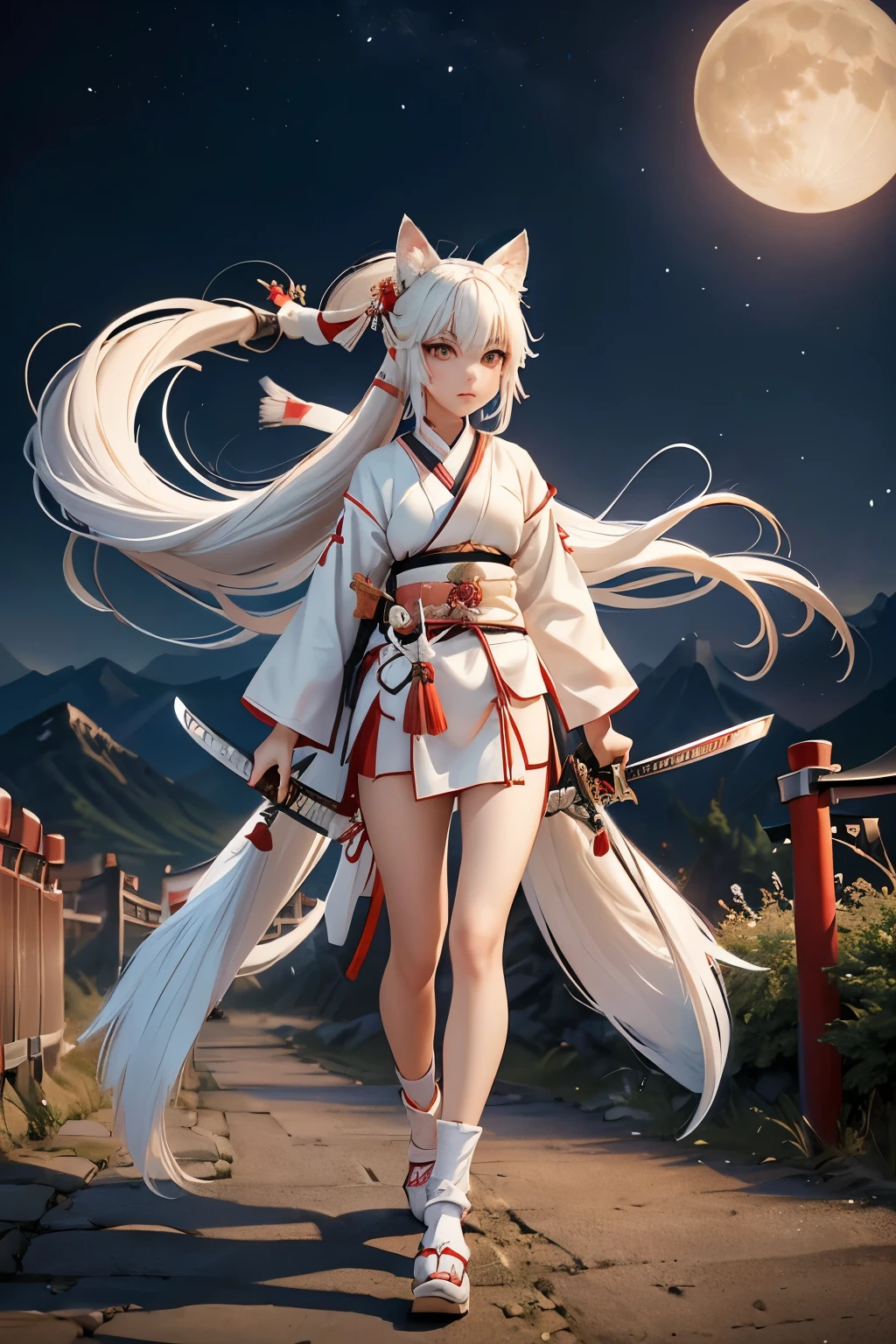Japanese sword。(Highest quality:1.3)。One Woman。Beautiful woman。long white straight hair。White fox ears。White fox tail。Samurai attire。Carry a large and small sword on your waist。Walking on unpaved roads。The background is a beautiful moonlit night and distant mountains.。