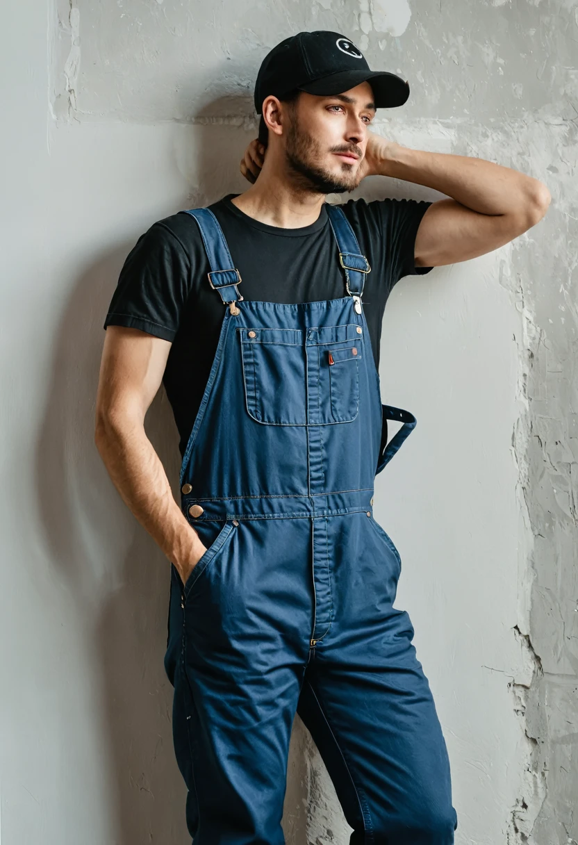 guy wearing work overalls and black cap with his hand on his neck, full body , leaning on the wall , loofacing the camera