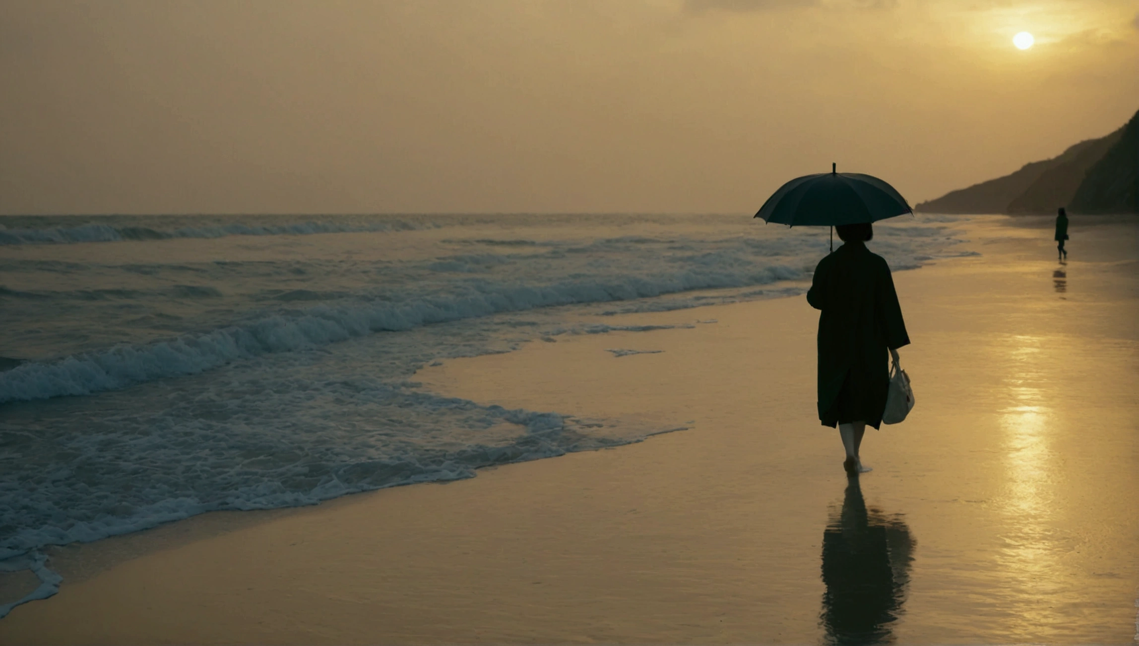 8K, Vivid picture quality, Vivid picture quality, long deserted beach, Woman with short and medium hair walking slowly in the distance, beautiful appearance, Female models, sunset의 붉은 빛, sunset, alone, afternoon, depressed, tide가 밀려온다, rain, black umbrella, ocean, tide, wind, short korean girl, 잔잔한 tide