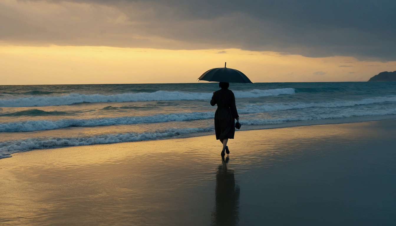 8K, Vivid picture quality, Vivid picture quality, long deserted beach, Woman with short and medium hair walking slowly in the distance, beautiful appearance, Female models, sunset의 붉은 빛, sunset, alone, afternoon, depressed, tide가 밀려온다, rain, black umbrella, ocean, tide, wind, short korean girl, 잔잔한 tide