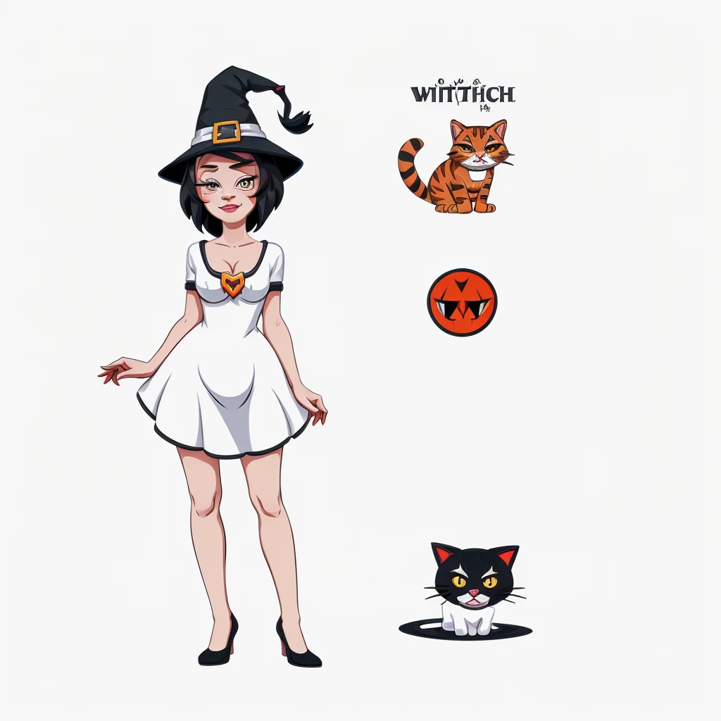 Stylized cartoon mascot, vector flat logo, simple lines, cute cartoon illustration, funny, white backdrop, a cat become a witch