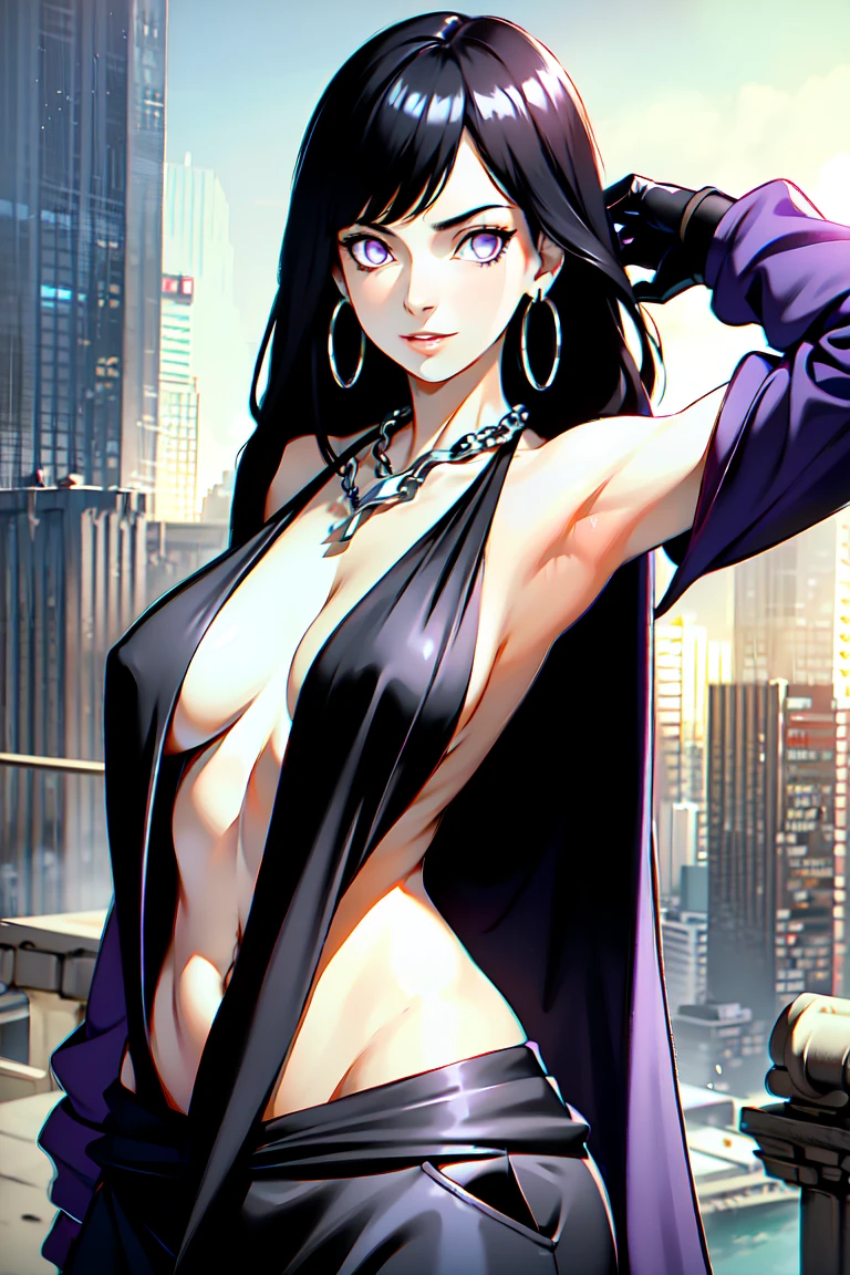 masterpiece,stunning realistic,best quality,sharpness,sharp face,smil,Photo of the fully body
black long hair,purple eyes,big ,tanktop,breast,Side breasts,cargopants with many pockets,open bellybuttons,opened up lags,black cloak,silver necklace,silver chain,black gloves