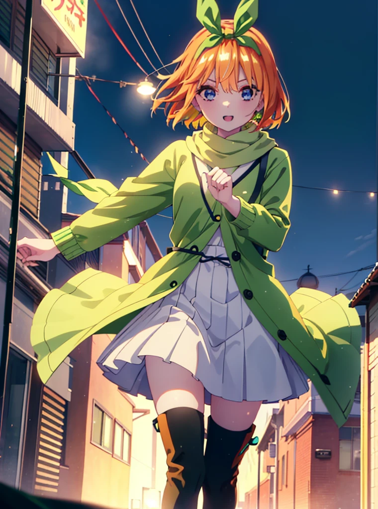 Yotsubanakano, Yotsuba Nakano, bangs, short hair, blue eyes, Hair between the eyes, hair ribbon, hair band, Orange Hair, (Green ribbon:1.5), smile,Green long coat,sweater,White scarf,Long skirt,Black pantyhose,short boots,It&#39;s snowing,Snow is piled up,Walking,whole bodyがイラストに入るように,night,
break ourdoors, In town,
break looking at viewer, whole body,
break (masterpiece:1.2), Highest quality, High resolution, unity 8k wallpaper, (figure:0.8), (Beautiful attention to detail:1.6), Highly detailed face, Perfect lighting, Highly detailed CG, (Perfect hands, Perfect ???????),