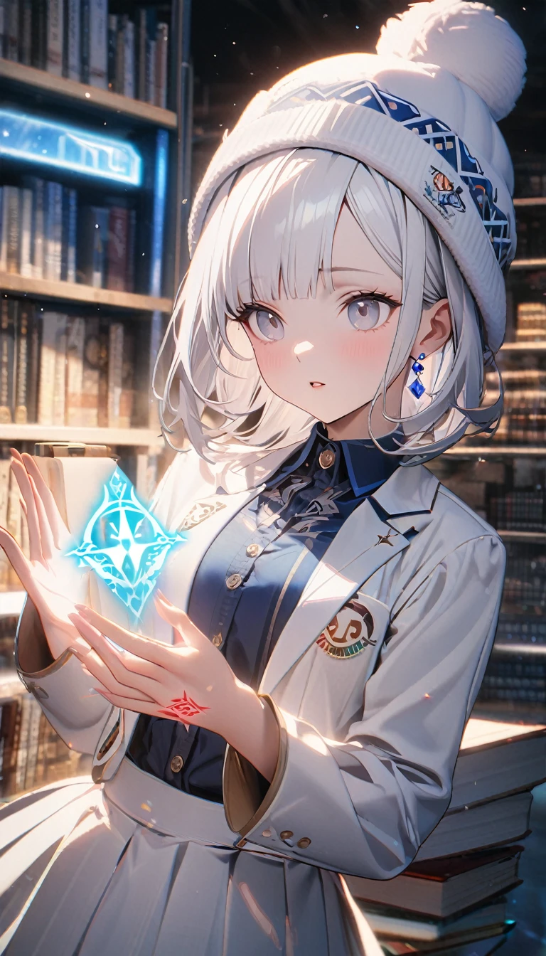 1girl,albino,snow white hair,white eyes,,white blazer with logo ,high waisted white skirt,perfect body, books,calm,white fluffy beanie,blue earrings,8k,high definition ,magic spell in the background forming a spiritual symbol,