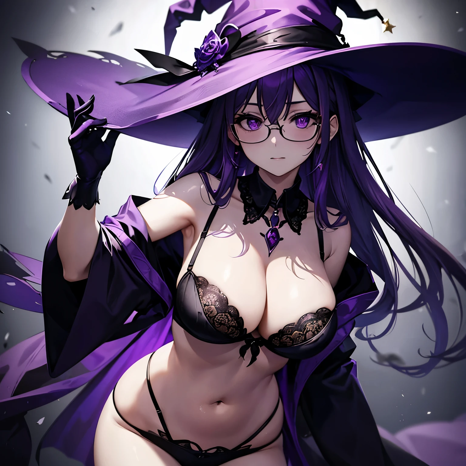 A beautiful witch with purple hair and eyes, witch hat, glasses, bra, panties, exposed belly and shoulders, large breasts with cleavage.