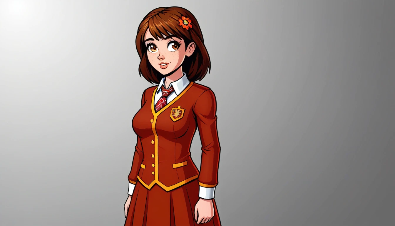 Hogwarts school girl, brown hair, standing, ,