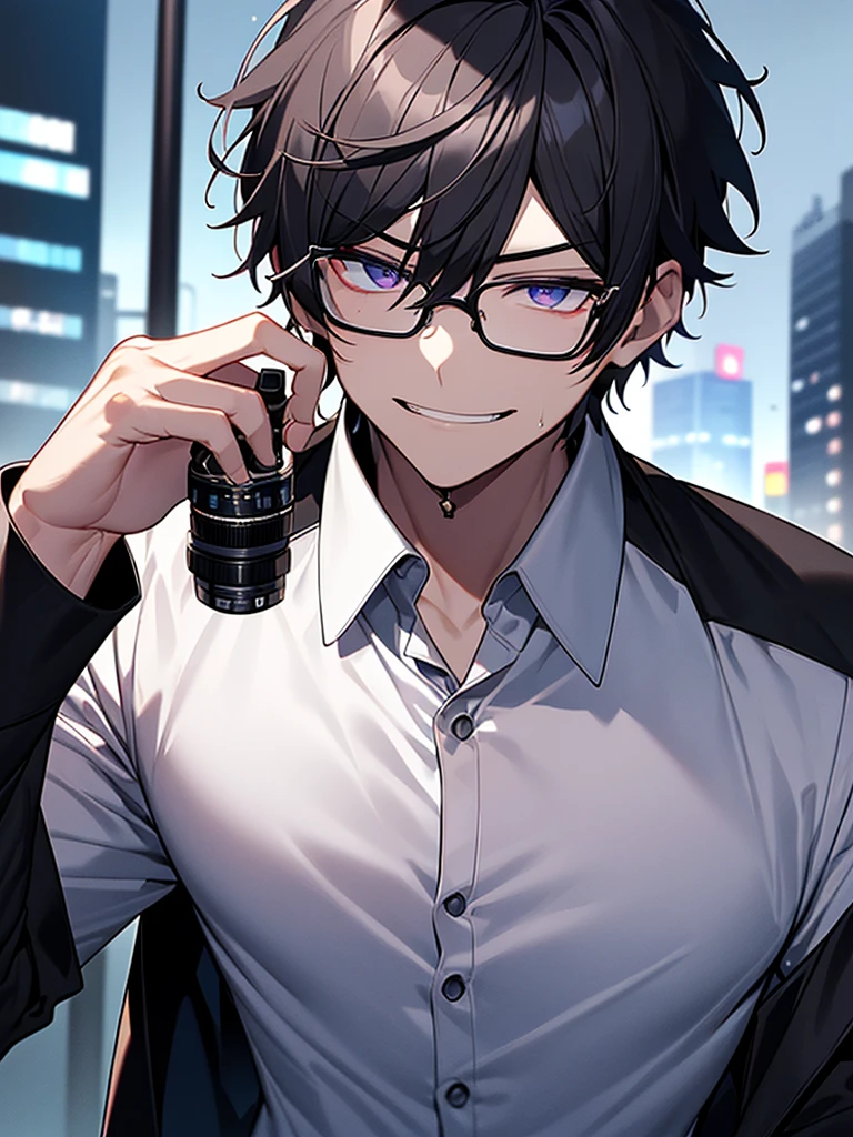 Have a professional camera:1.3、Close-up on upper body、Villain、Dark circles under the eyes、Black-rimmed glasseodern、Downtown at night、He has a bad appearance、Lean and muscular、Trimmed short-haired、A mean smile、White shirt、