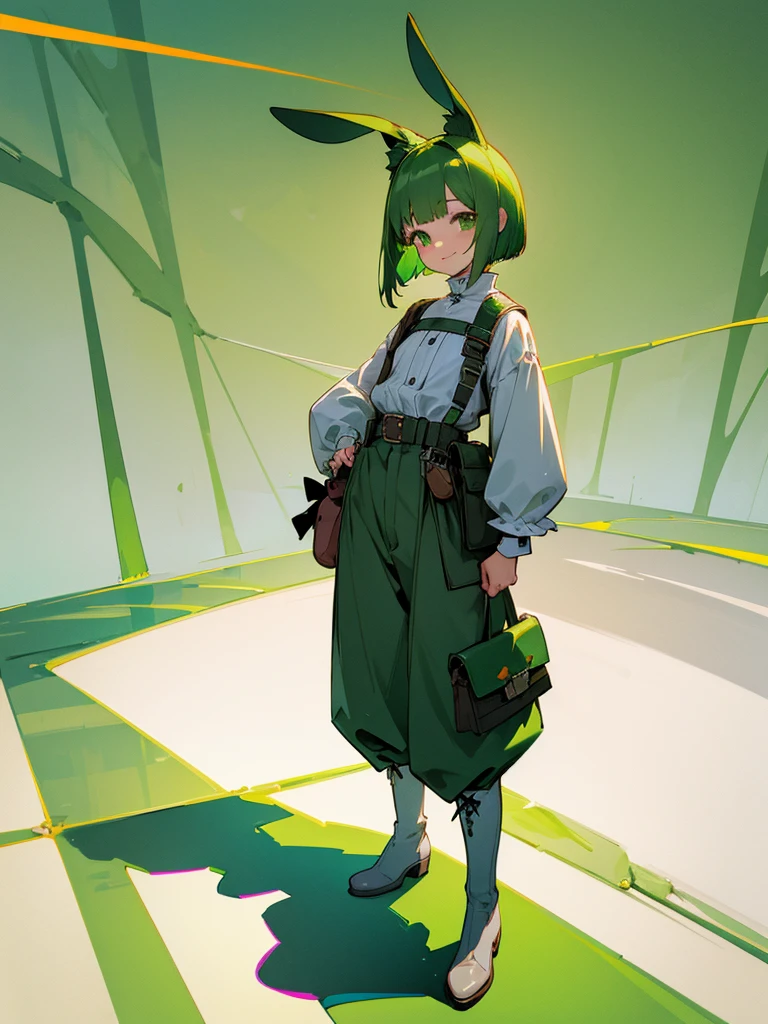 Green rabbit ears, green animal ears, a girl, bob cut, green hair, green eyes, look young, alone, short, tiny, Lolita, childhood, smile, overall, wide pants ,belt, waist bag, waist pouch, kawaii, cute, long boots, full body shot, on the salt flat, standing