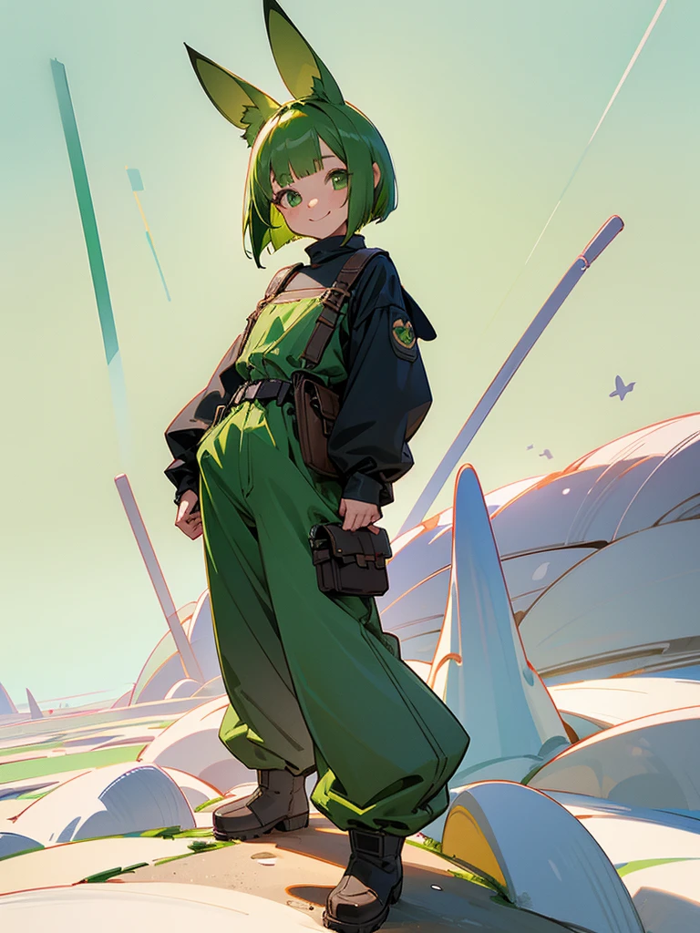 Green rabbit ears, green animal ears, a girl, bob cut, green hair, green eyes, look young, alone, short, tiny, ta, childhood, smile, overall, wide pants ,belt, waist bag, waist pouch, kawaii, cute, long boots, full body shot, on the salt flat, standing