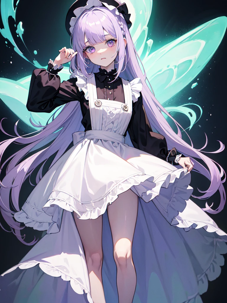 Maid clothes,sketch (Character design sheet, same characters, whole body, Three-View, front, ~ ~ ~ side, return),(Very bright:1.1), White Background, [1 Girl:7], (Tilt your head:1.2), ([sketch|watercolor \(Moderate\)]:1.15),full body, Full bangs,(Full bangs, Straight bangs, The bangs are aligned diagonally), （Gradient braided hair, (Light purple hair), (Ink blotches:1.1), (pale:1.2),(Light purple:1.2),(Light green:1.2)）　and full body, Artistic elements add depth to the work. The overall atmosphere is creepy and nightmarish..., With a unique artistic touch. This movie is、The dark and crazy world of horror movies depicted in HD., Evoke visual stimuli and aesthetic sense, It will terrify and excite the audience....,watercolor画, （Lightless, Eyes without highlights, Evil Eye, A bad looking person with white eyes, It&#39;s a red eyeliner）,whole body絵, Maid clothesを着ている and （Mature face,tall, Wearing black tights,Green Eyes, The skin is hidden　and maid, The background is a dark and desolate landscape, Horror movie atmosphere. Her figure is extremely beautiful, Emphasizing the dark and crazy elements. Skillfully expressing the effects of light and shadow, detailed, The face and expression of the black costume are also carefully drawn.　and ..,sketch (Character design sheet, same characters, whole body, Three-View, front, ~ ~ ~ side, return) and 1 female, Nervous,Cowboy Shot,,(Very bright:1.1), White Background, [1 Girl:7], (Tilt your head:1.2), ([sketch|watercolor \(Moderate\)]:1.15),Chaotic Abstraction