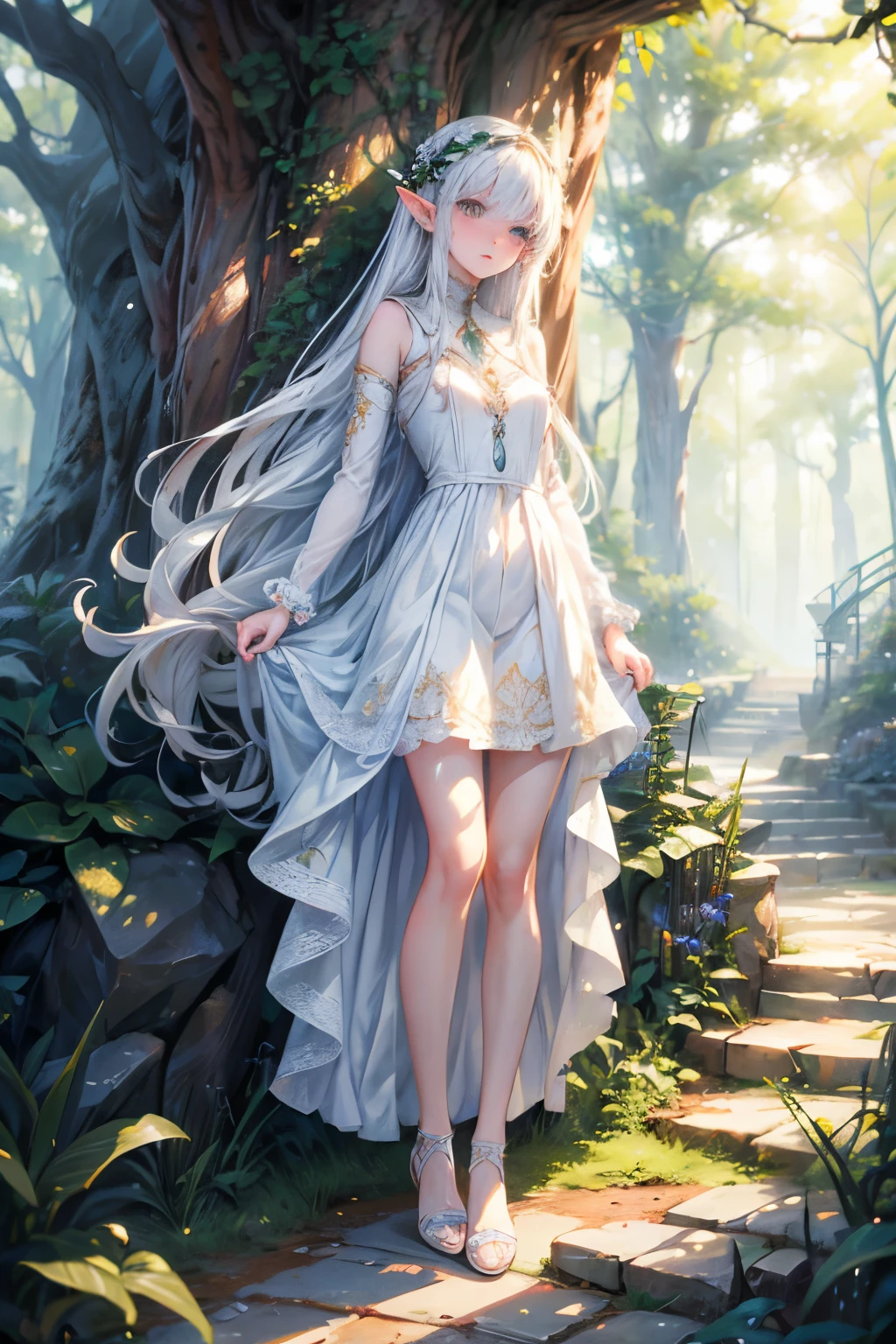masterpiece,Highest quality,Very detailed,Elf Beautiful Girl,Beautiful white dress, ager,Long straight silver hair,Beautiful and detailed eyes,skinny,Small breasts, full body,Dynamic,Forest Lakeside