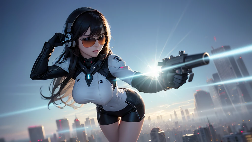 ((An aerial view of a futuristic megalopolis)), with skyscrapers reaching the clouds and flying cars driving through aerial highways. (1girl, solo, alone, photorealistic), medium-breast:1.1 slim body, cleavage, sexy clothes, (headphone, black sunglasses, long black hair), (hip-up standing and holding pistol pose), (((half-body thigh level medium shot))), cinematic lighting, lens flare, ray tracing.