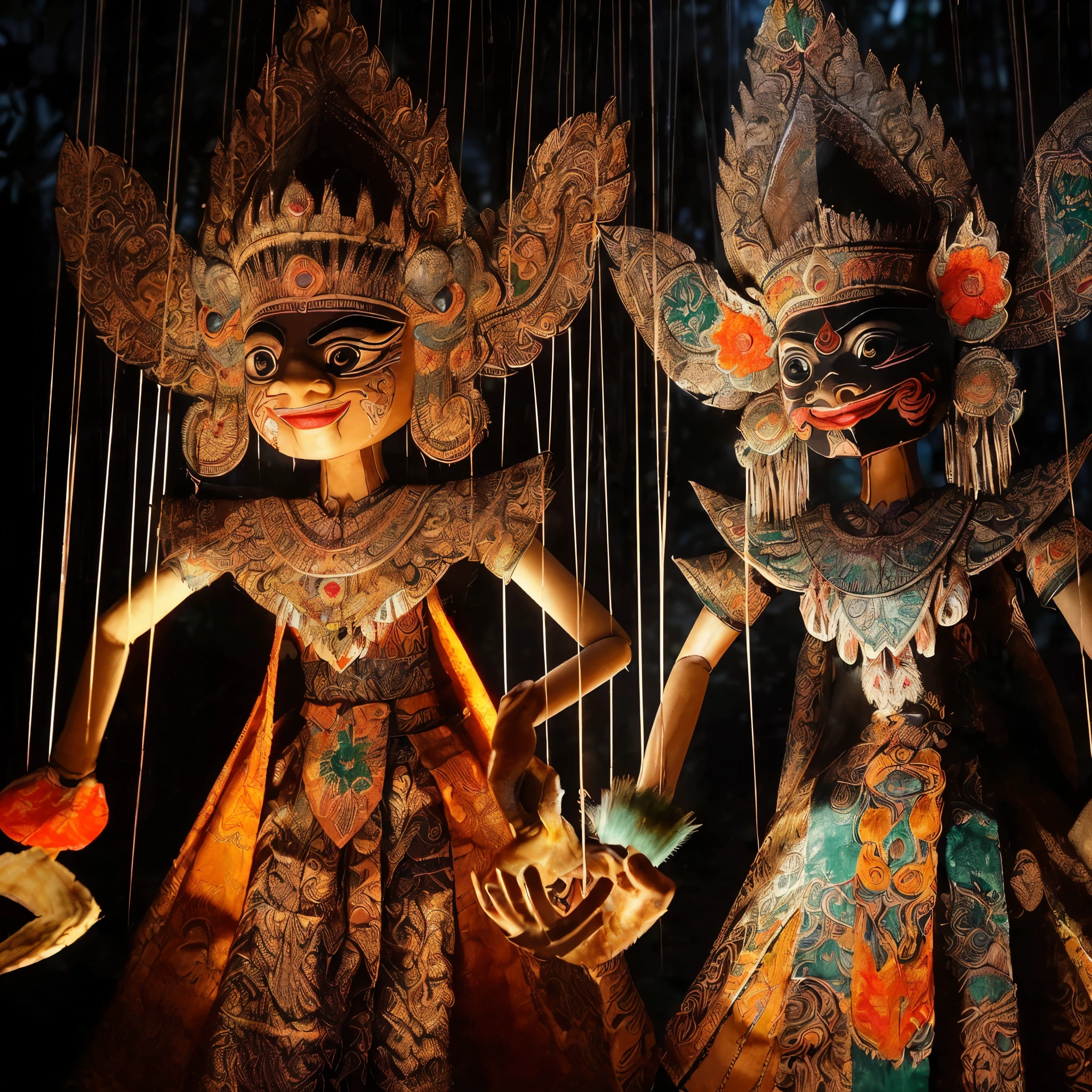 (very sharp photo result, hyper realistic photo) (Best Quality), (masterpiece), (Ultra-detailed CG),(magical ) traditional heritage indonesian west java puppet "wayang golek", pandawa character detailed material & painting with traditional batik cloth ornament, posing dramatically, shadow & light, night shoot shade backlight treatment, taken with DLSR photo, hasselblad, medium lens