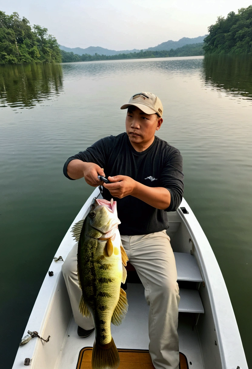 Medium large mouth bass fish in a calm lake、There is a man fishing in a boat.