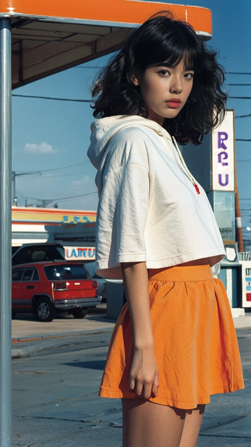 photo cinematic photograph long shot portraits by Wes Anderson, cute 23 yo girl ,fokus, bokeh ,wear ((orange color oversized_hoodie)), wear ((purple tennis skirt)),looking front,Best Quality,Masterpiece,Ultra High Resolution,(Realisticity:1.4),Original Photo, 1Girl, light leak,ultra high resolution,UHD,beautiful, (black bob hair), almond eye, no makeup, in front of ((80's colorful los angles gas station)), (realistic:1.2), (surreal:1.3), (very detailed:1.1), ((masterpiece)),summer, blue sky, palm trees,sunny, los angles vibes,film camera, 800mm lens,style of Philip Lorca diCorcia