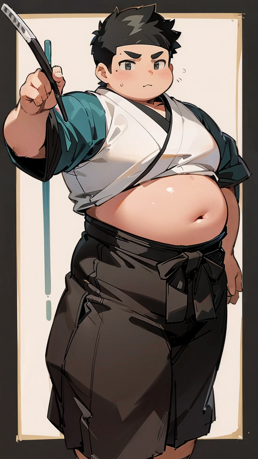 ((androgynous)), beautiful, (very short hair), (pudgy face), (thick), (cute), ((boyish)), (chubby), belly, muscular, (beefy), (cool), (sexly), (Hakama), (shaved sides), (Black Hair), (warrior), (Han-like)