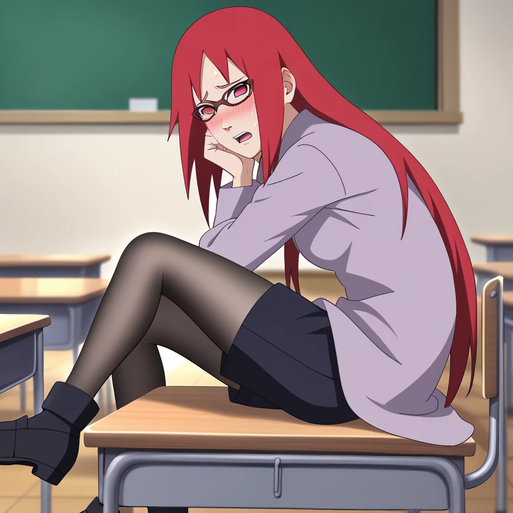 Red hair, 1 Girl, Glasses, Long hair, Red Eyes, Solitary, Long gown, Black over-the-knee stockings, Black shorts, Umbilical cord, Looking at the audience，No students, Japanese cartoons screencap, Japanese cartoons coloring,src_Japanese cartoons,Naruto \(series\), Naruto shippuuden,（（blush，nervous，Vision，classroom，bookshelf，sit on the chair，））masterpiece， absurd ， （Intricate details）， （Colorful）， light， Extremely detailed CG unity 8k wallpaper ，1 Girl， solo，（shy，classroom，night，blush，nervous，Sweating，蕾丝dress， ），sweat，blush，blush1.5，Blush，Medium chest，（（dress，Black stockings，）），（dress，Lying in bed，Uncomfortable expression，Mouth open，spit）