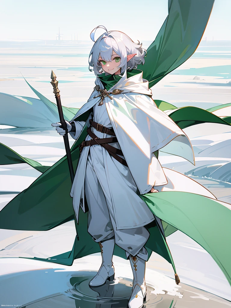 Elf, silver hair,short hair, medium cut, ahoge, curly hair,green eyes,slender, fair skin, cool Smile, robe, cloak, White gloves, long boots, pants, on the salt flat, standing