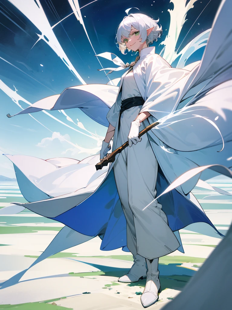 Elf, silver hair,short hair, medium cut, ahoge, curly hair,green eyes,slender, fair skin, cool Smile, robe, cloak, White gloves, long boots, pants, on the salt flat, standing