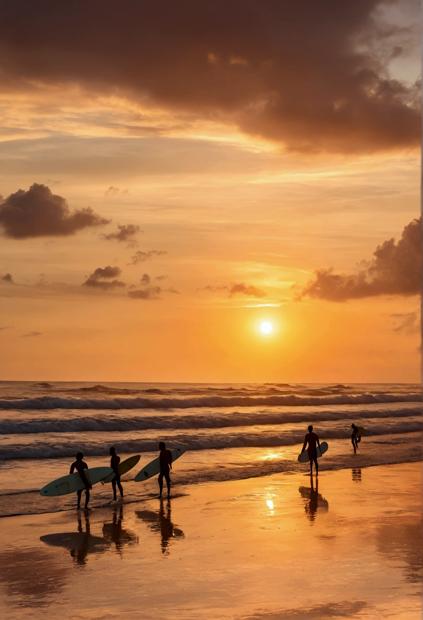 Located on Maresias Beach in Brazil、Surfers at sunset。