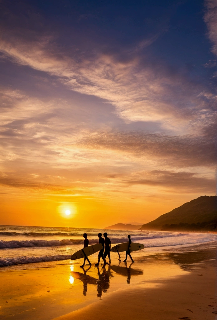 Located on Maresias Beach in Brazil、Surfers at sunset。