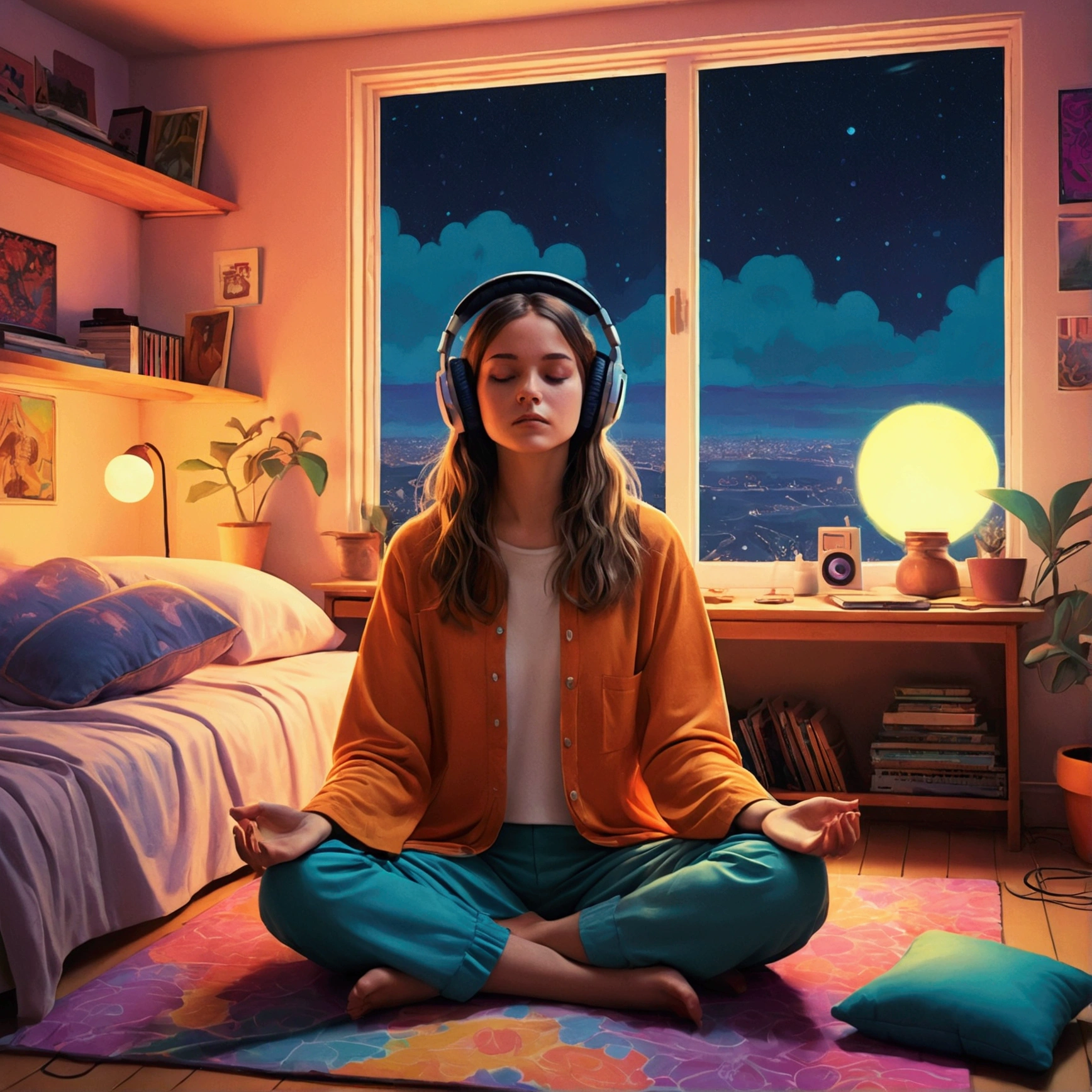 European Hippie Girl meditating in her room, dreaming, Wear headphones, night lights, Neon landscape on a rainy day, Analog Color Theme, Lo-Fi Hip Hop , retrospective, flat, 2.5D ,Draw a line, Ink Drawing, Large slope, Watercolor painting, Goosch Colors, Studio Ghibli Style, Awesome colorful, Outer Ton, krautrock, lofi art, 70s style,Old texture, amplitude,psychedelic vibe, masterpiece, Tremendous technology,