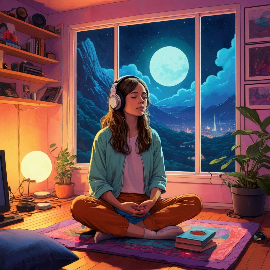 European Hippie Girl meditating in her room, dreaming, Wear headphones, night lights, Neon landscape on a rainy day, Analog Color Theme, Lo-Fi Hip Hop , retrospective, flat, 2.5D ,Draw a line, Ink Drawing, Large slope, Watercolor painting, Goosch Colors, Studio Ghibli Style, Awesome colorful, Outer Ton, krautrock, lofi art,  70s style,Old texture, amplitude,psychedelic vibe, masterpiece, Tremendous technology,