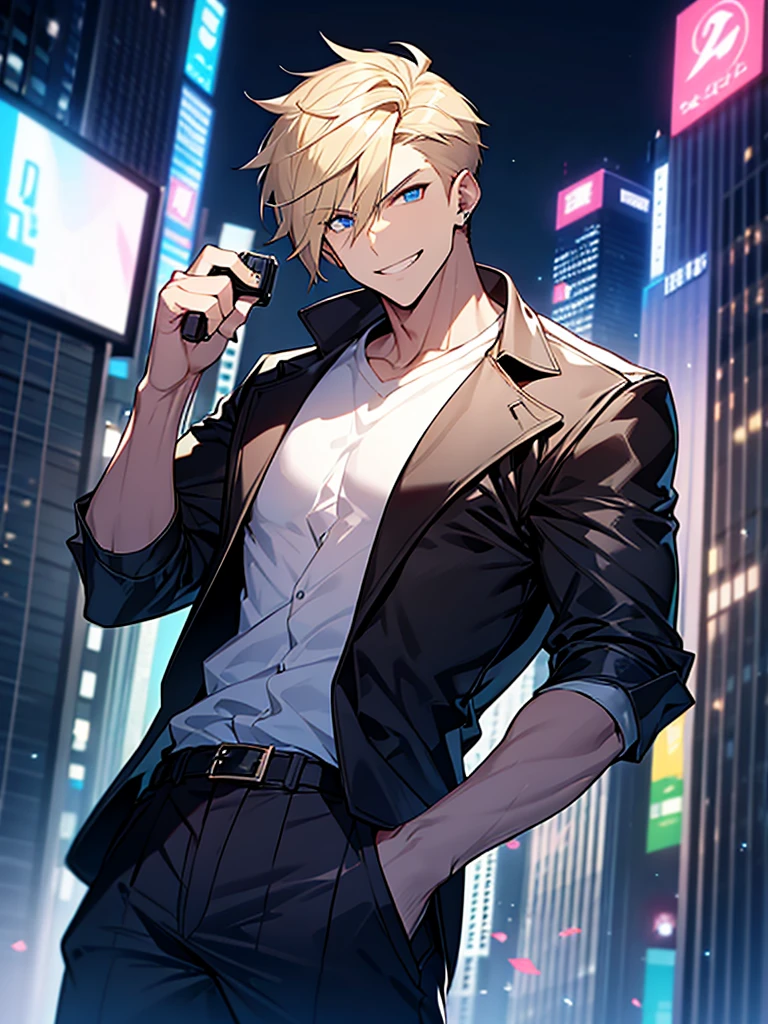 Portrait Shot。Have a professional camera:1.9、Villain、modern、Downtown at night、He has a bad appearance、Lean and muscular、Short cropped hair、Blonde、A mean smile、White shirt、