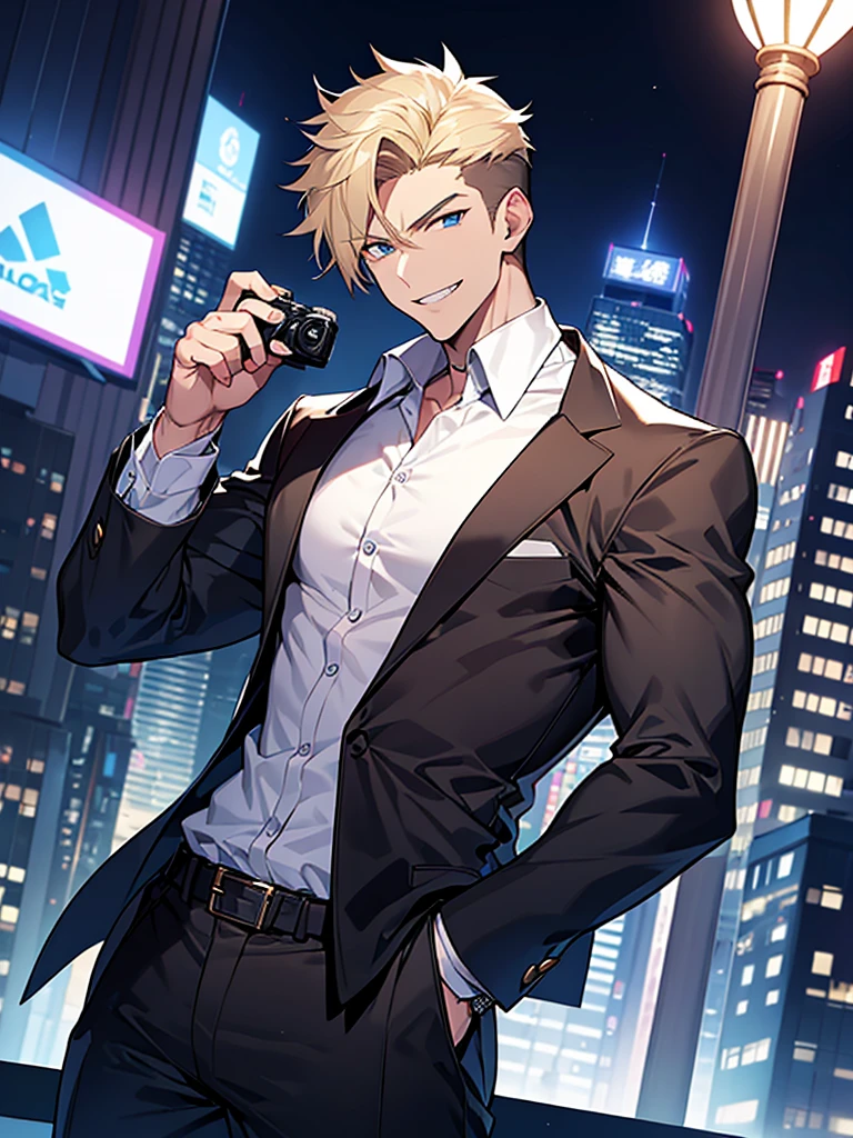 Portrait Shot。Have a professional camera:1.9、Villain、modern、Downtown at night、He has a bad appearance、Lean and muscular、Short cropped hair、Blonde、A mean smile、White shirt、