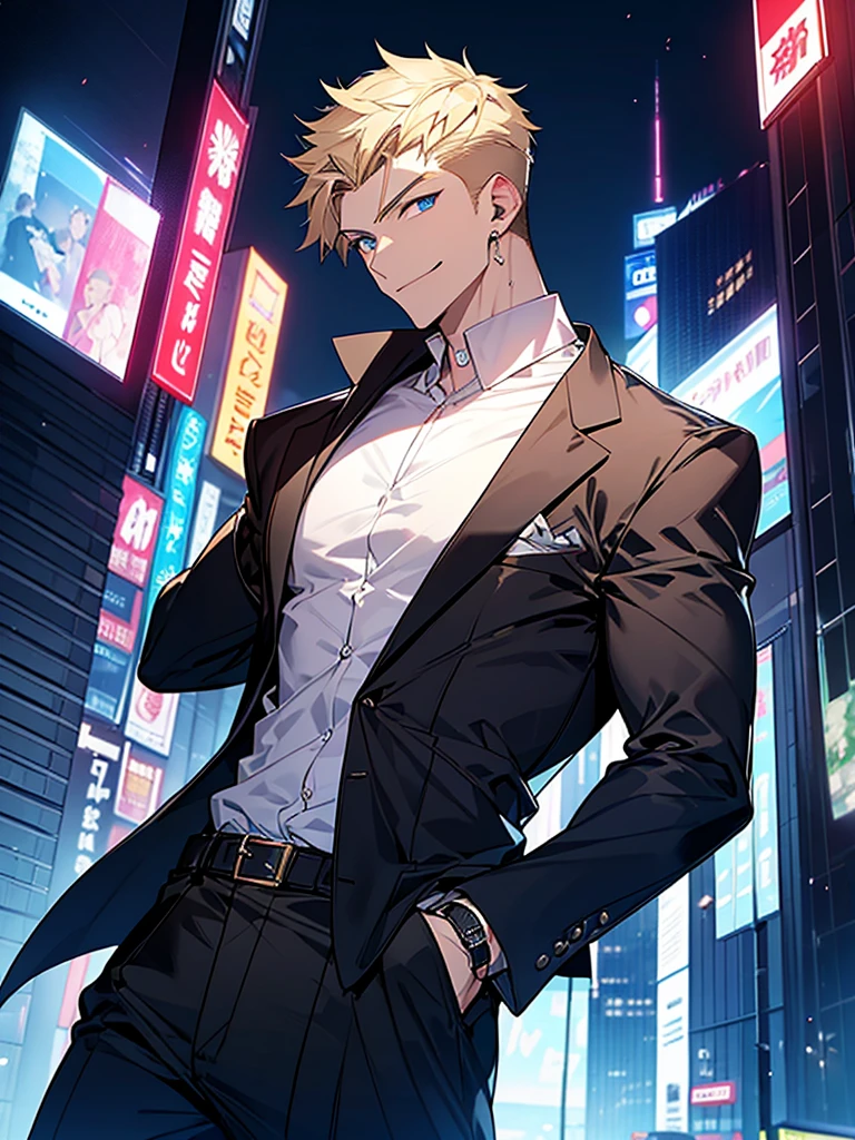 Portrait Shot。Have a professional camera:1.9、Villain、modern、Downtown at night、He has a bad appearance、Lean and muscular、Short cropped hair、Blonde、A mean smile、White shirt、