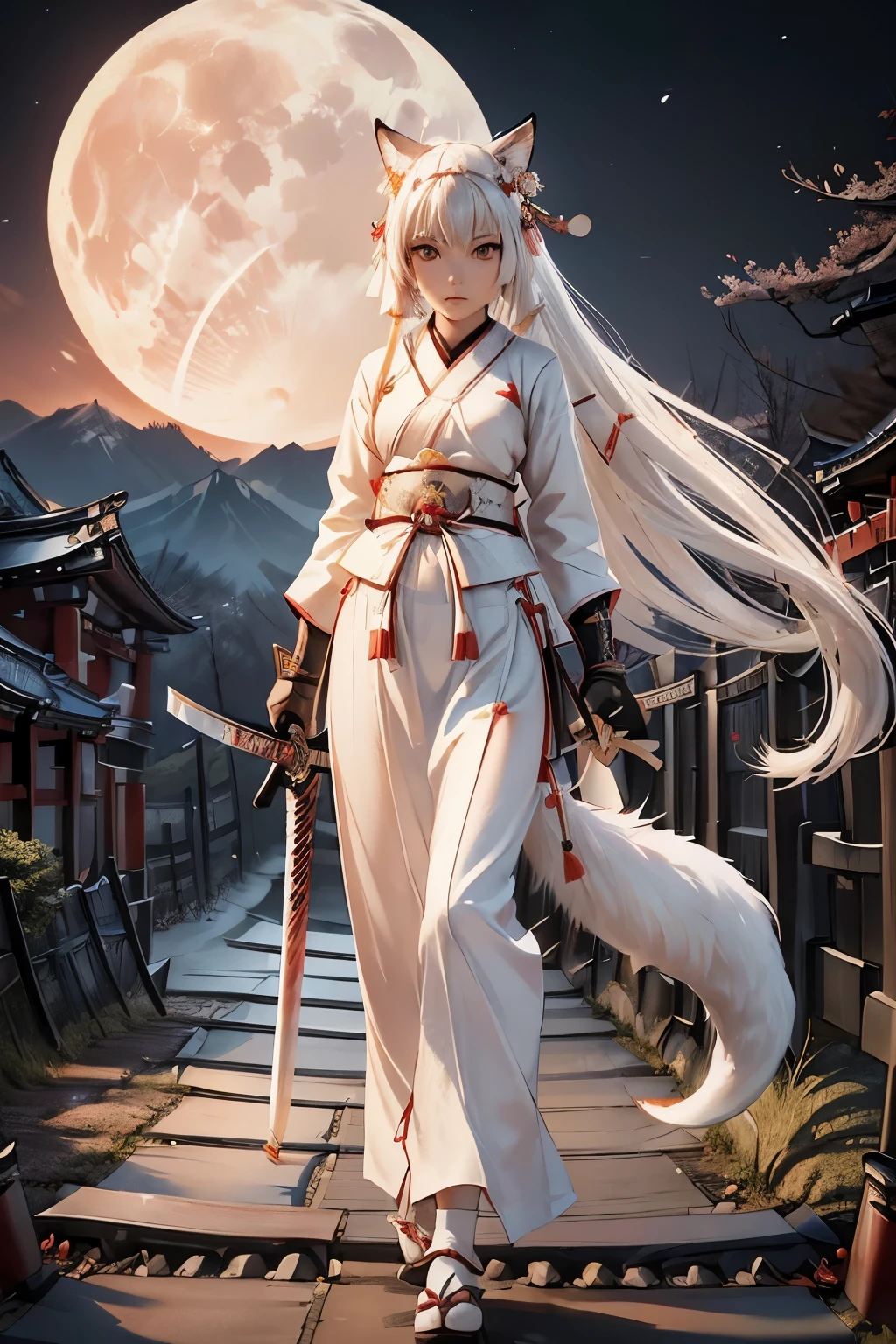 Japanese sword。(Highest quality:1.3)。One Woman。Beautiful woman。long white straight hair。White fox ears。White fox tail。Samurai attire。Carry a large and small sword on your waist。Walking on unpaved roads。The background is a beautiful moonlit night and distant mountains.。