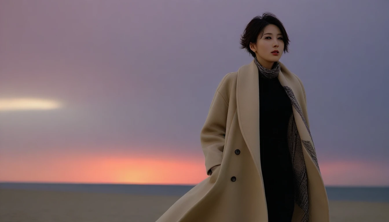 8K, 超high resolution, best quality, masterpiece, 1 woman, (36 years old:1.3), Korean woman,(wearing a long winter coat and scarf、Thin black double sided updo :1.5)、(The woman turned around with a very sad expression., 겨울 해변에서 바람에 휘날리는 short medium hair, her hair blowing in the wind:1.5)、(blurred background:1.5)、(red sky at sunset:1.5)、(complete anatomy:1.5) (full finger:1.3)、realistic、Life drawing、high resolution、beautiful details、((thin legs))、red light of sunset, light and shadow, short medium hair,1 female camera 16-35 wide angle lens, Full body shot walking on the beach, black skirt, hair that touches the shoulders