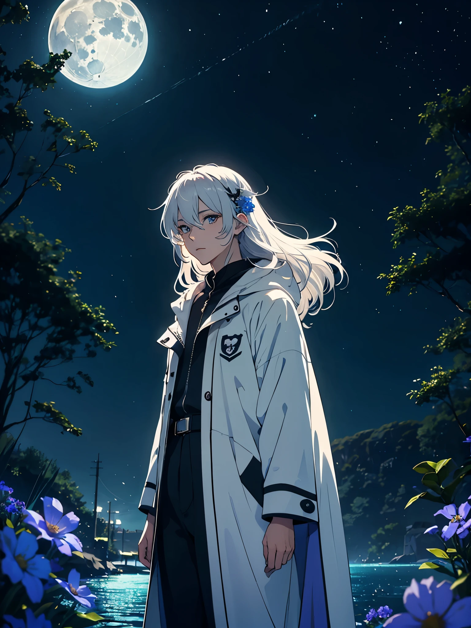 More anime. day lights. light blue light. Bright bright light. magical. Stand next to a white big wolf.
Younger. Modern jacket. Modern times. Blaie Clothing. Lightening flowers. More anime. male. Blue flowers. Long hair. long white hair. aquatic, boy, God of the Moon, silver hair accessories, White hair, White dress, cape, at night.